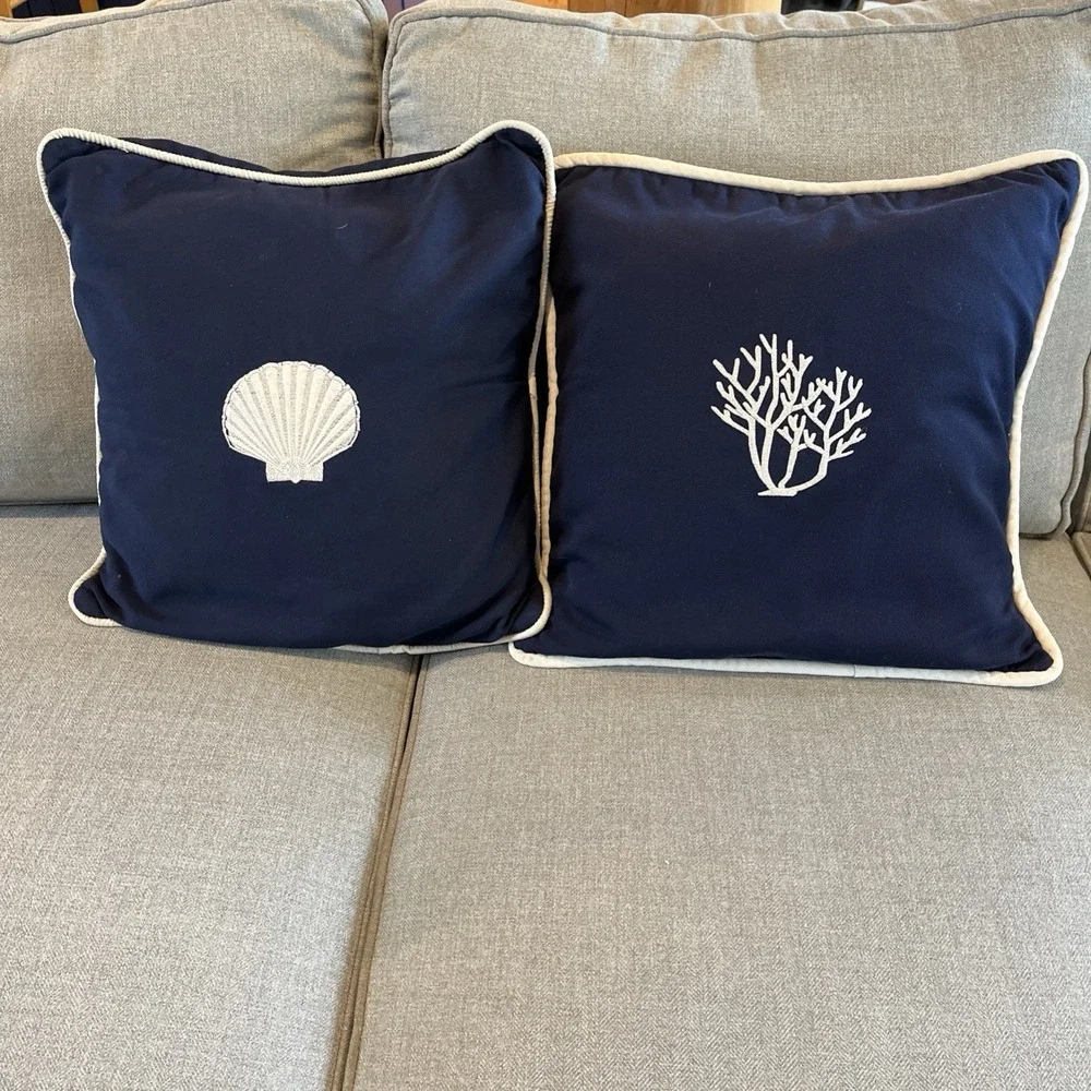 COASTAL Pillow Case Pair Embroidered CORAL + SHELL Navy White, Nantucket Brand